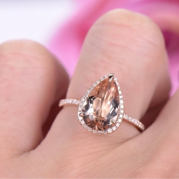 Jewelry - Rose Gold Teardrop Morganite Halo Ring - Elegant Pink Stone